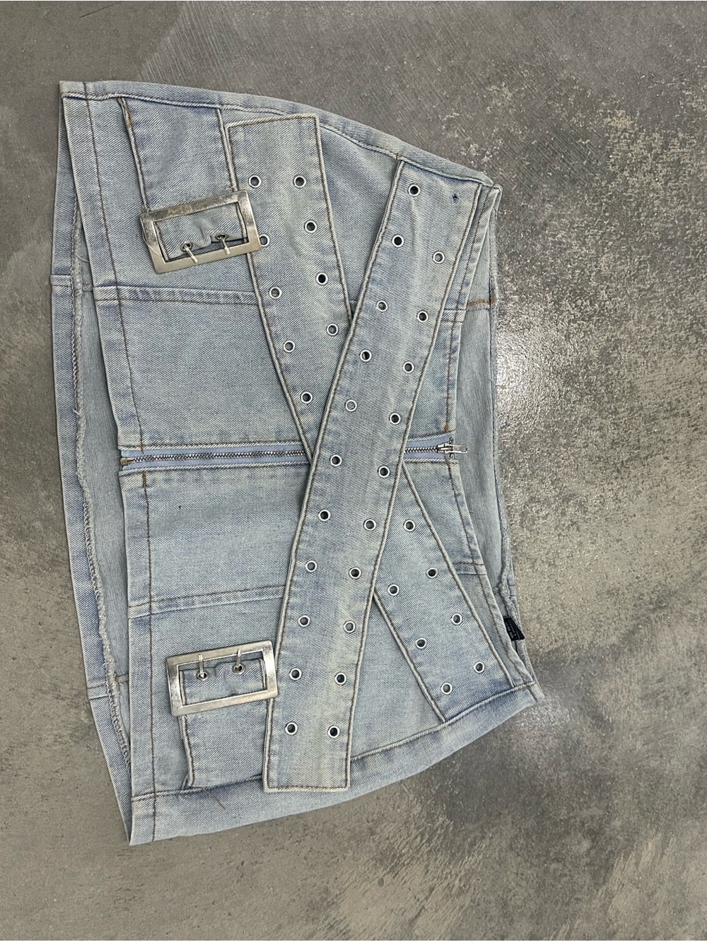 Light Wash Denim Women's Mini Skirt with Grommet Belt